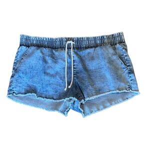 Vanilla Star Womens XL Light Wash Acid Denim Shorts Smocked Waist Frayed Hem